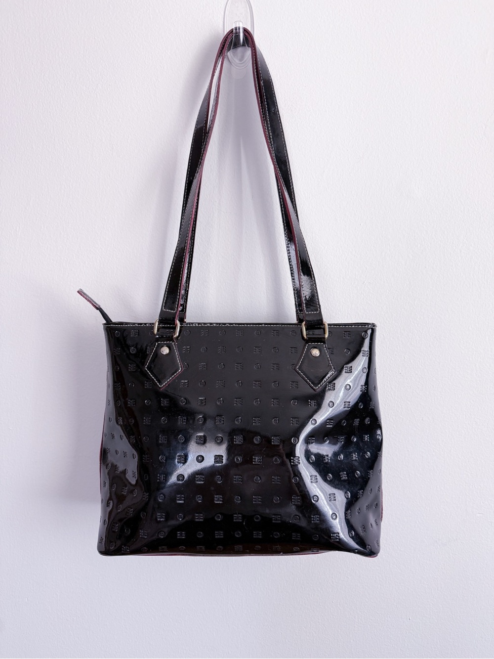 Arcadia Italian Bag Black Patent Leather print Tote Shoulder Handbag Zip Top